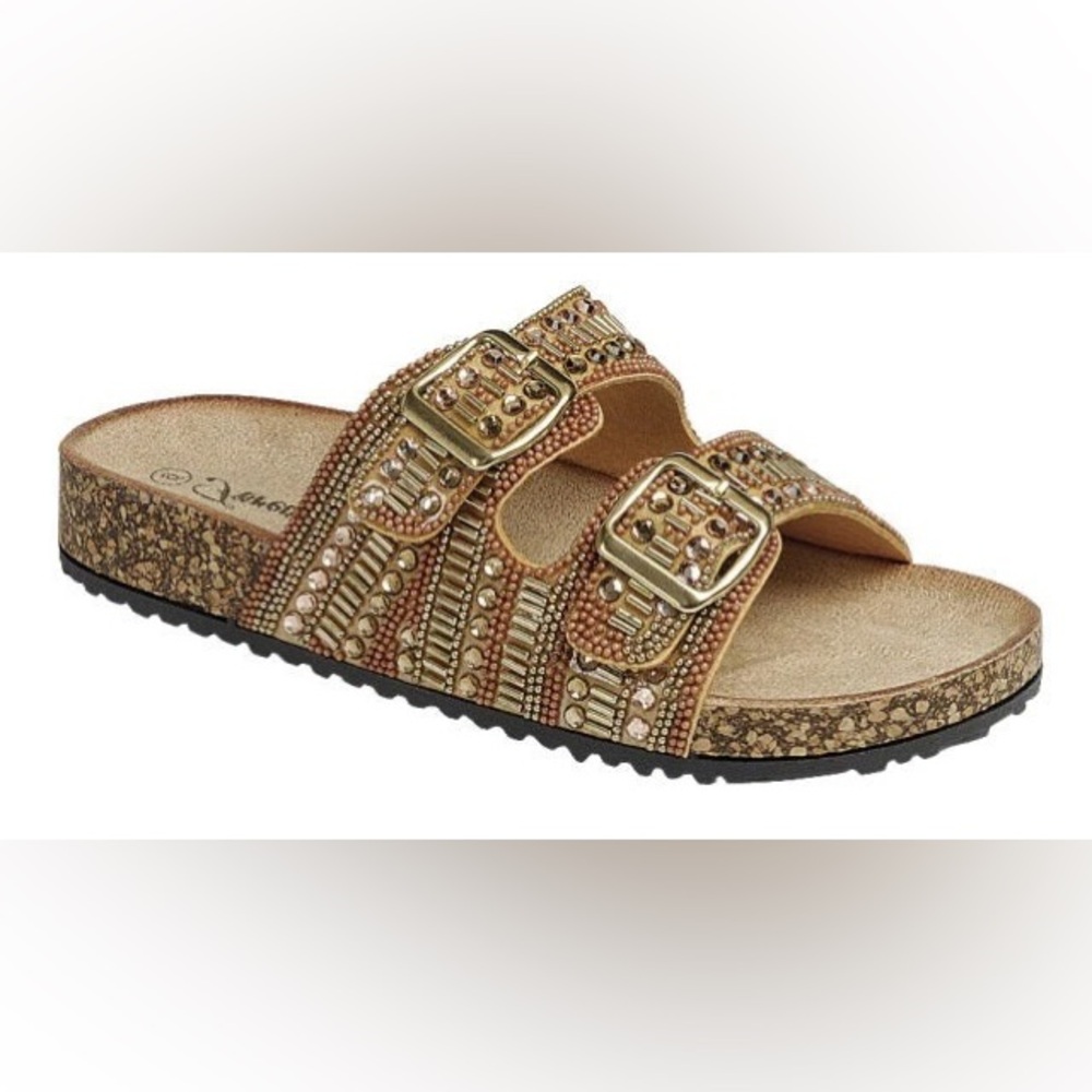 Women's Embellished Cork Buckles Flat Sandals. Gold  Various Sizes